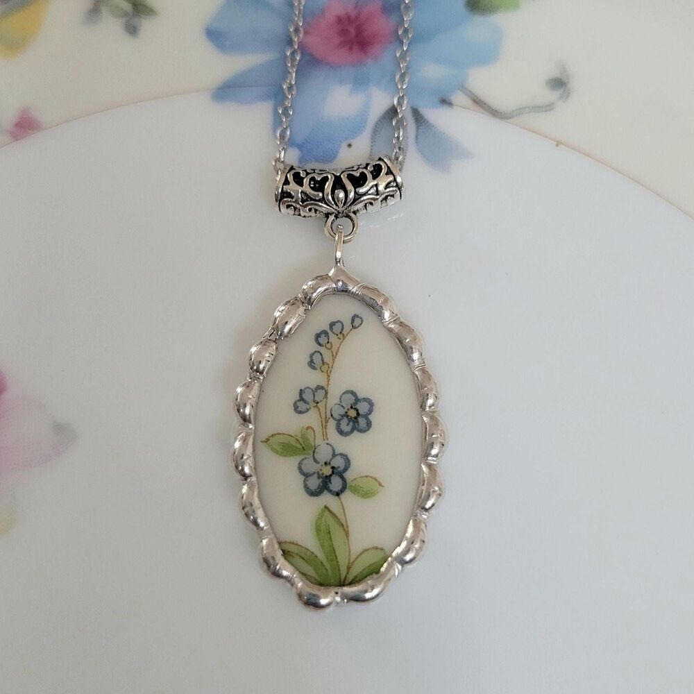 Vintage Broken China Necklace Pendant Blue Forget Me Not Handcrafted Jewelry